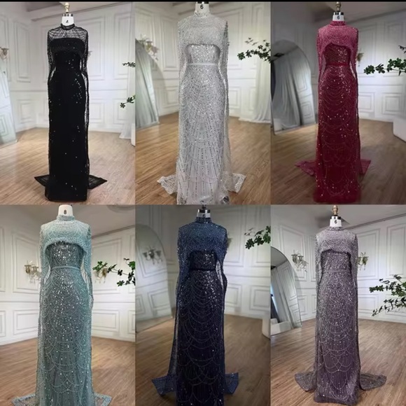 Dubai Arabia  Nude Mermaid  Long  Cape Luxury Evening Dresses Gowns - Picture 5 of 13